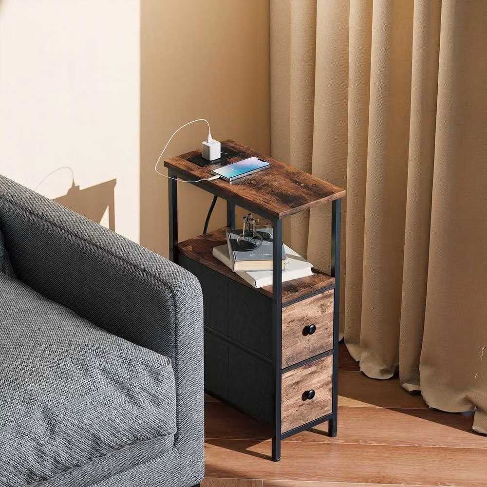 Havendro Industrial Side Table with Charging Station and 2 Drawers in Brown and Black – 3