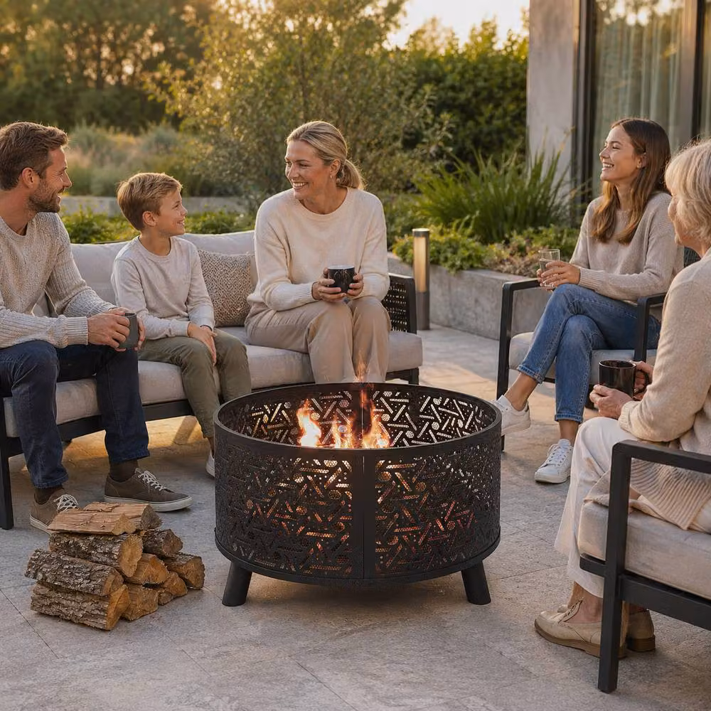 Teamson Home Black Steel Outdoor Garden Fire Pit with Spark Guard, Diameter: 71 cm – 4