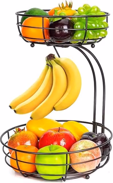 Havendro Black 2-Tier Metal Fruit Basket with Banana Hanger – 1