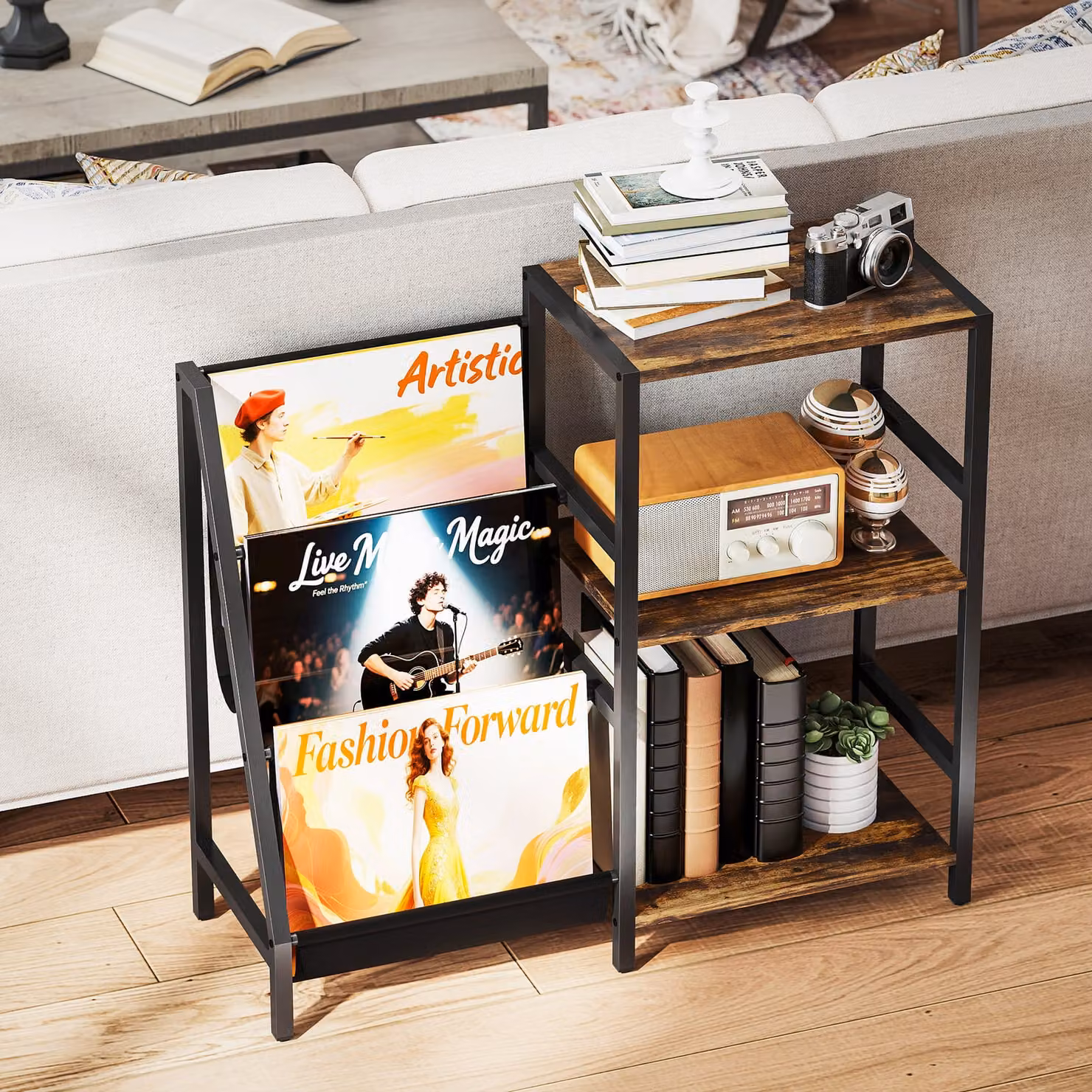 HOMCOM 3-Tier Record Player Stand and End Table in Rustic Brown – 7