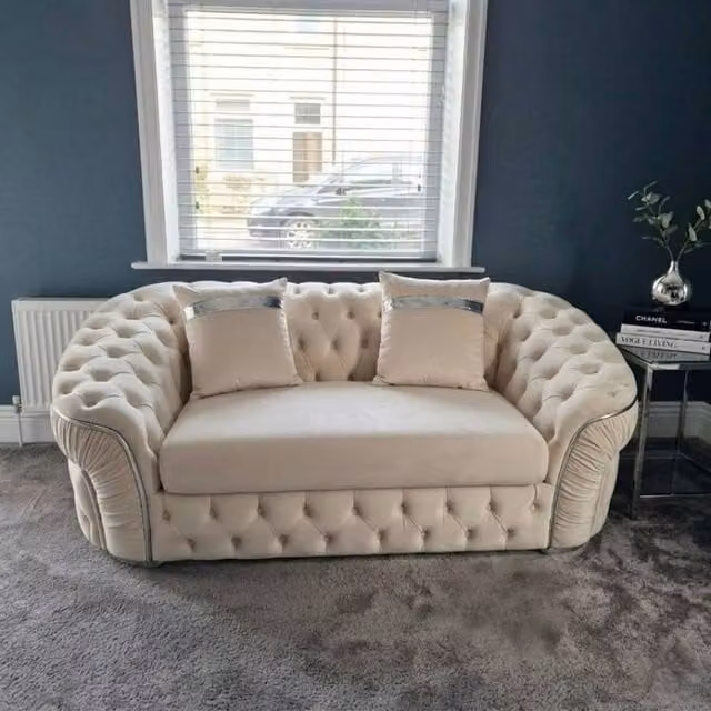 Stratus Interiors Ambassador Chesterfield 2 Seater Sofa in Cream Plush Velvet with Silver Trim