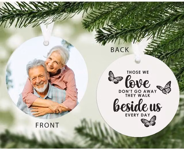 Uniqueful Personalised Round White Memorial Photo Hanging Decoration with Butterfly Design