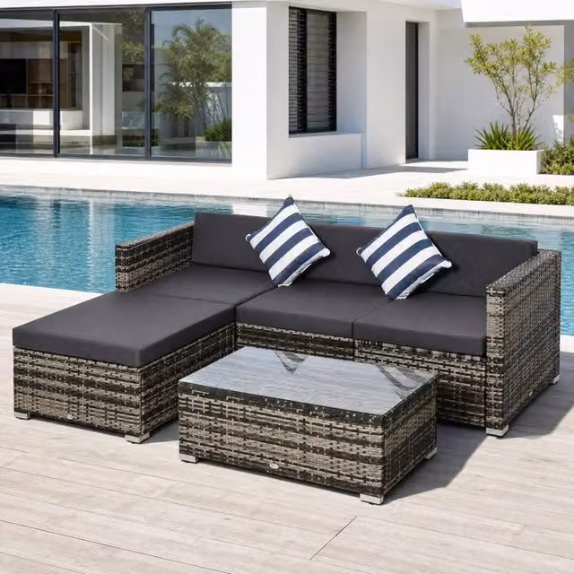 STILVORA 4-Seater Modular Sofa in Grey with Rattan and Metal Design