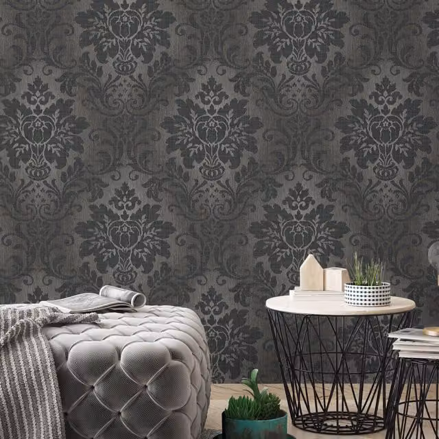 Grandeco Grey Floral Abstract Fabric Effect Distressed Damask Wallpaper