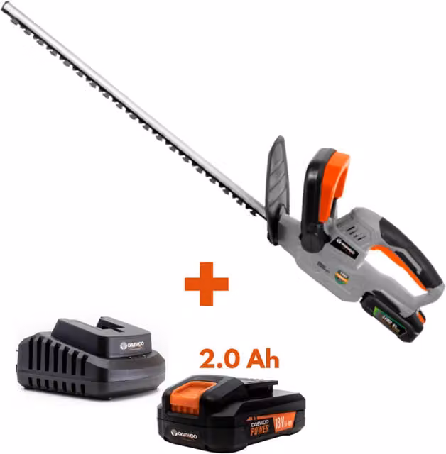 Daewoo U-FORCE Series Cordless Reciprocating Hedge Trimmer with 2.0Ah Rechargeable Battery and Charger in Black, Silver and Orange