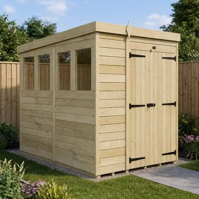Total Sheds Green Wood Pent Shed with Double Doors and Windows, W: 182.9 cm, D: 243.8 cm, H: 193.5 cm