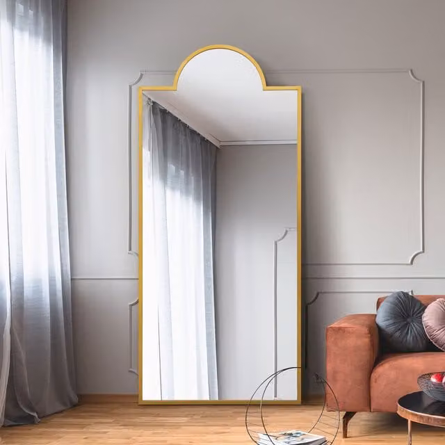 MirrorOutlet The Fenestra Crown Contemporary Wall and Leaner Mirror in Gold, Height: 190 cm