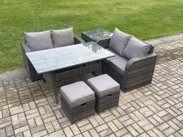 Fimous Dark Grey Wicker Rattan Garden Patio Furniture Set with Oblong Rectangular Dining Table, Loveseat Sofa and Side Table