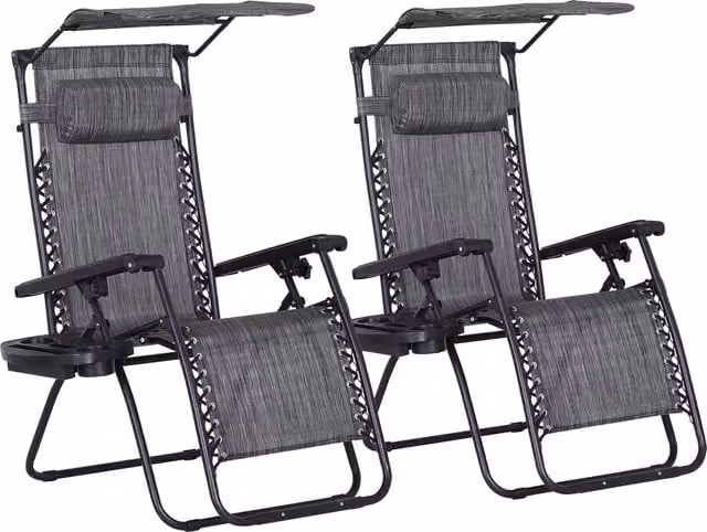 Outsunny 2 Piece Set of Foldable Zero Gravity Reclining Garden Sun Loungers with Adjustable Headrests, Armrests and Cup Holders