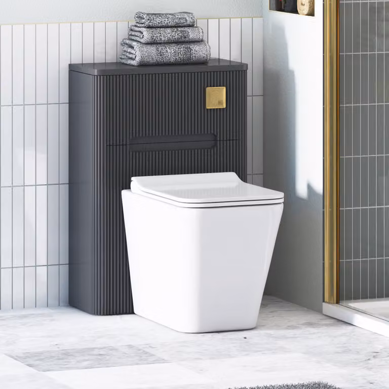 Avenza Matt Obsidian Black BTW WC Unit with Elena Rimless Ceramic Toilet Pan, Slim Soft Close Seat and Cistern, Width: 55 cm