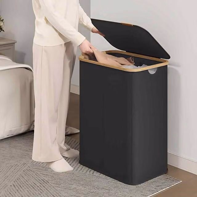 The Bazaarist Double Laundry Hamper with Lid, Bamboo Frame, Jet Black