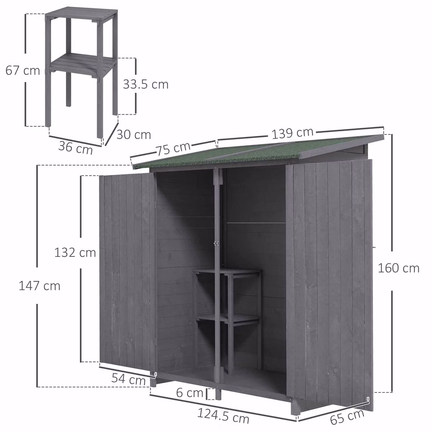 Outsunny Grey Wooden Garden Storage Shed with Lockable Double Doors and Storage Table, W/D/H: 139 x 75 x 160 cm – 3