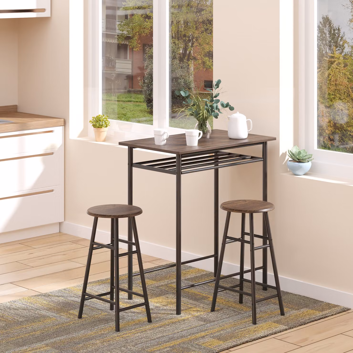 HOMCOM Bar Table and Stools Set with Metal Frame, Footrest and Storage Shelf in Black and Oak – 2