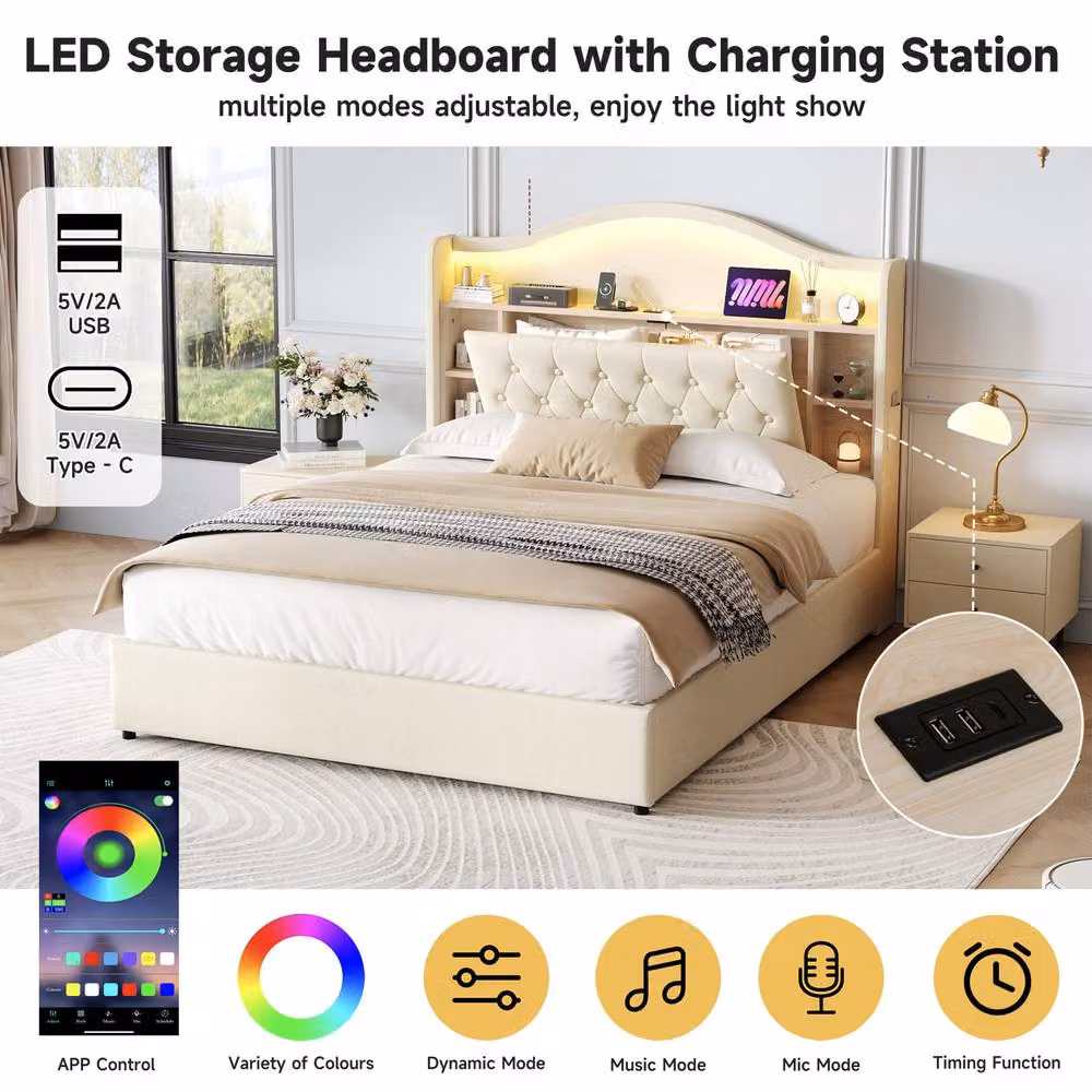 STILVORA Modern Double Bed Frame with Lift-Up Storage, LED Under-Bed Lighting and USB Charging Port in Beige, W/D/H: 140 x 200 x 137 cm – 3