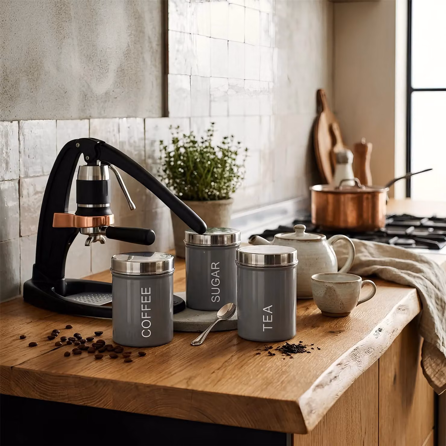 Harbour Housewares 3-Piece Metal Tea Coffee Sugar Canister Set in Grey and White with Airtight Lids – 9