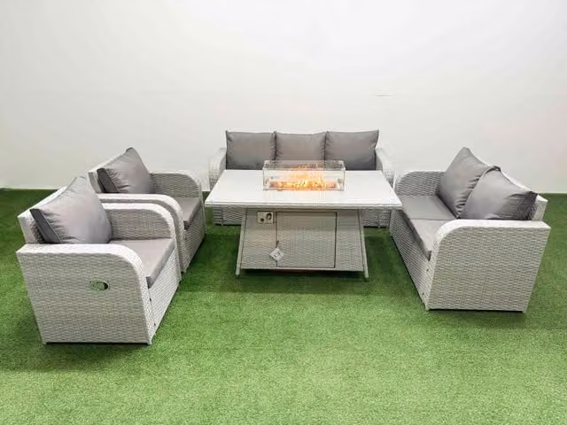Fimous PE Rattan Garden Furniture Set with Reclining Chairs, Double Love Seat, and Firepit Dining Table in Light Grey