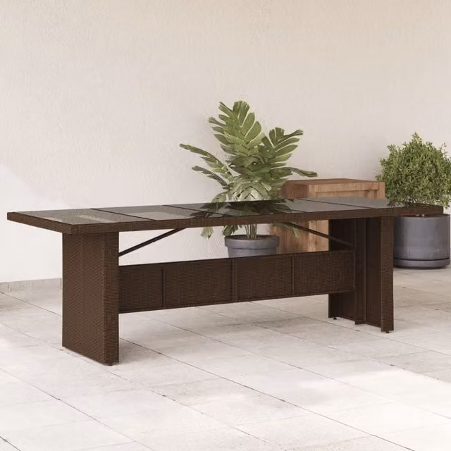 Berkfield Home Modern Brown Poly Rattan Garden Table with Glass Top, W/D/H: 240 x 90 x 75 cm