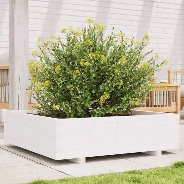 Berkfield Home White Solid Wood Pine Garden Planter Tub W: 90 cm, D: 90 cm, H: 26.5 cm