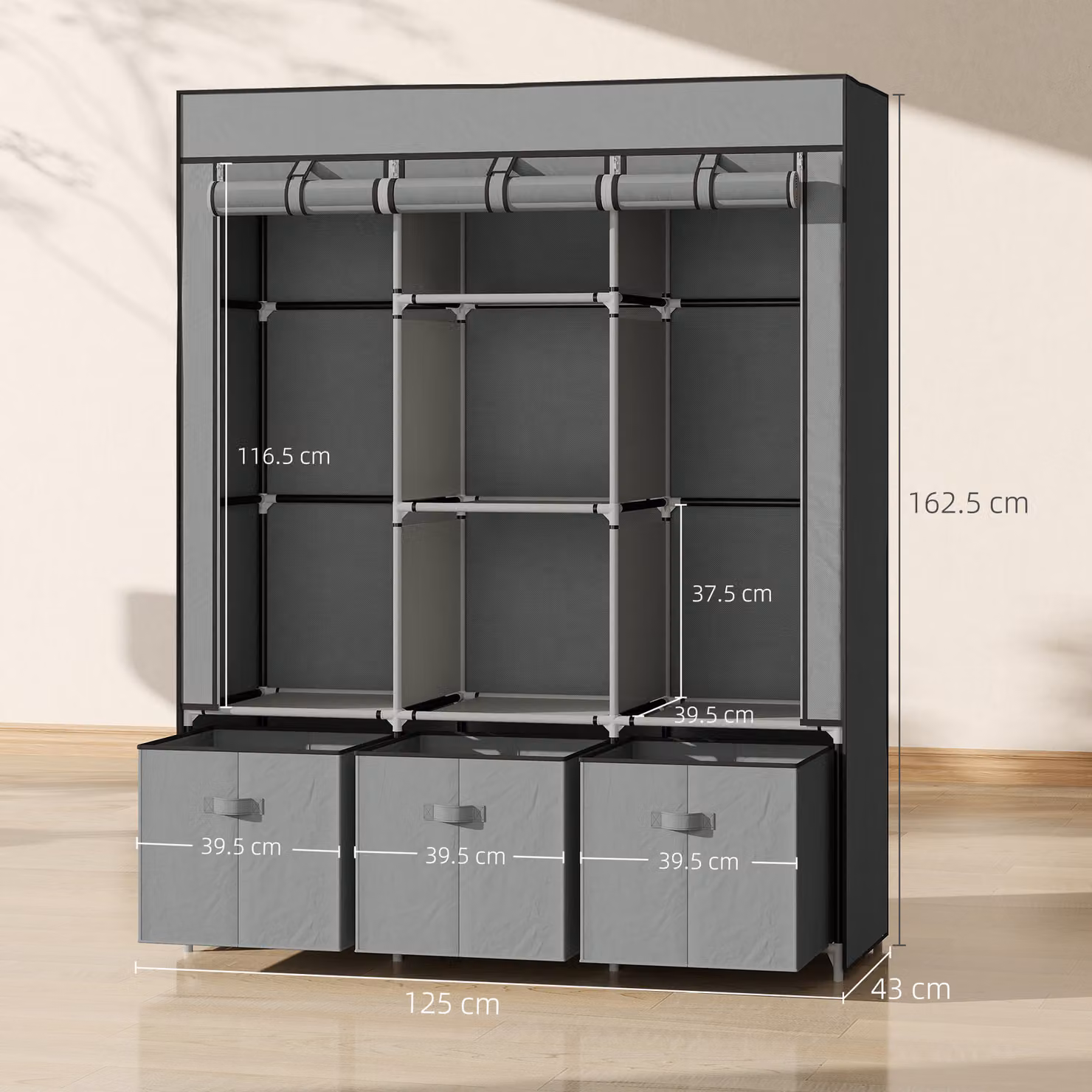 HOMCOM Fabric Wardrobe for Bedroom in Grey with Internal Shelves, Hanging Rod and Drawers, W/D/H: 125 x 43 x 162.5 cm – 3