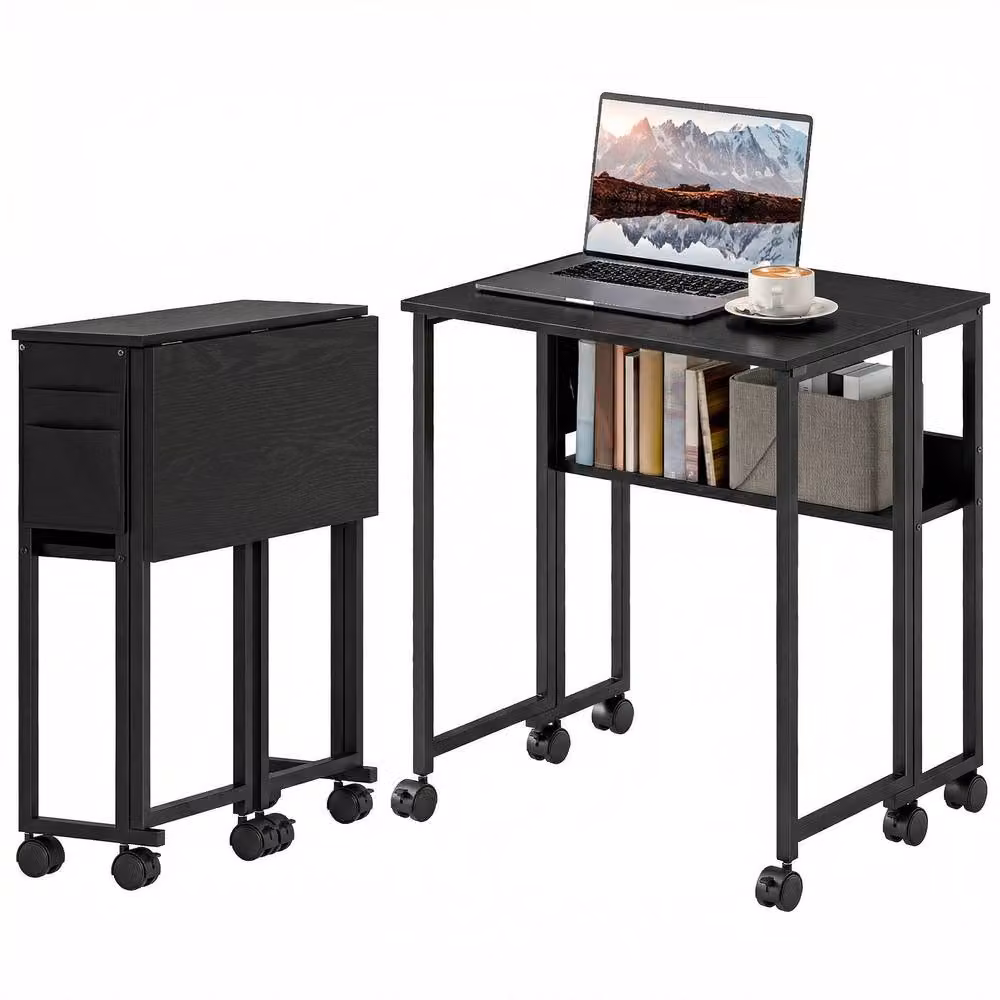 STILVORA Drop Leaf Desk with Shelf and Castors in Black – 5