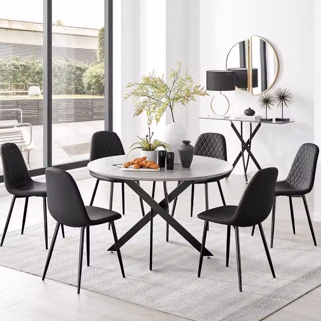 FurnitureboxUK Novara Grey Concrete Effect Round Dining Table and 6 Corona Black Leg Faux Leather Chairs – 1