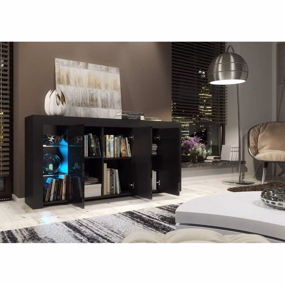 FORGEVIO Modern Black TV Unit Sideboard and Display Cabinet with Integrated Lighting – 3