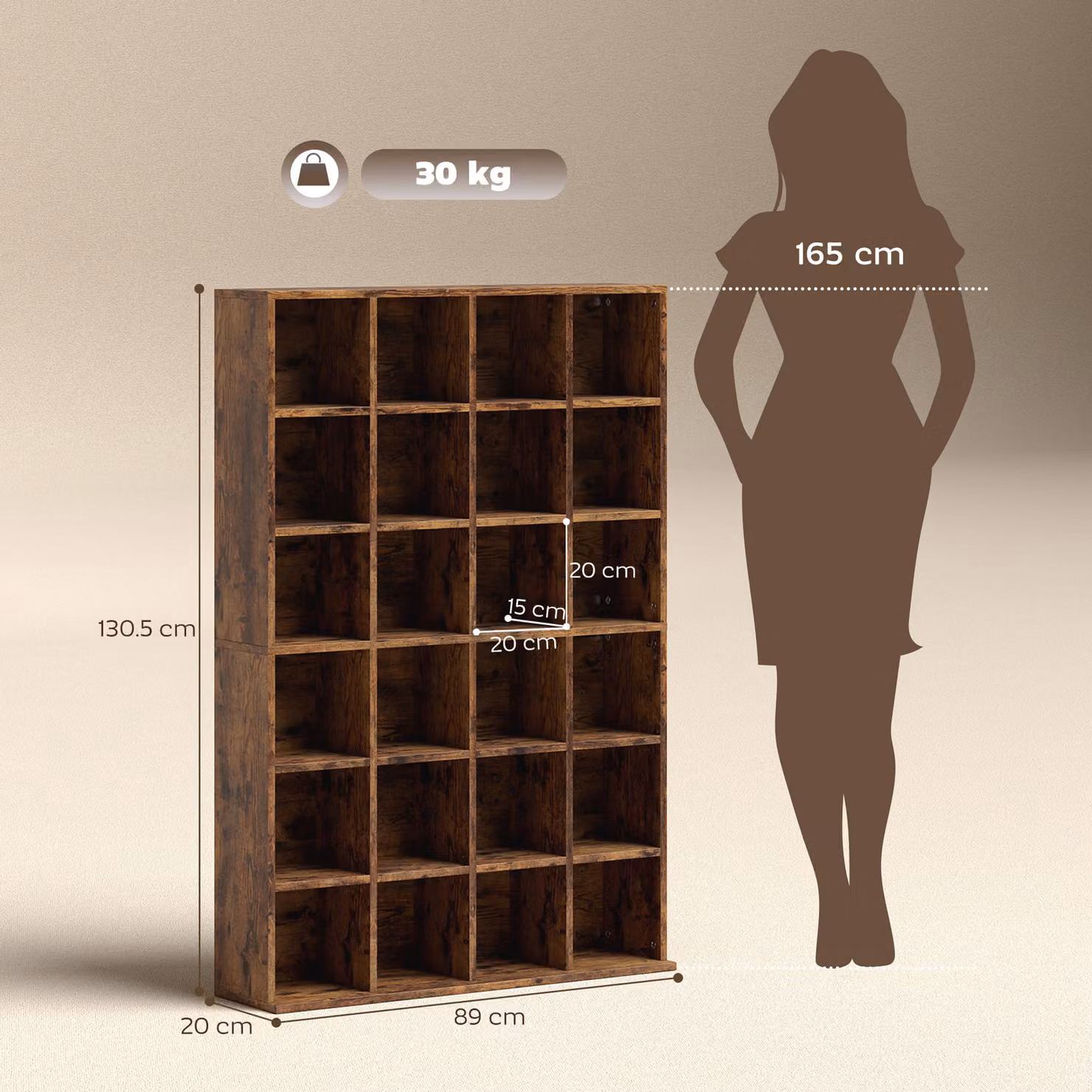 HOMCOM Rustic Brown CD Storage Unit with Adjustable Shelves and Media Compartments, W: 89 cm, H: 130.5 cm – 3