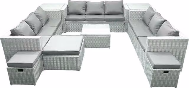 Fimous 12 Seater Rattan Garden Furniture Set in Light Grey with Upholstered Cushions, 3 Ottomans and Coffee Table – 1