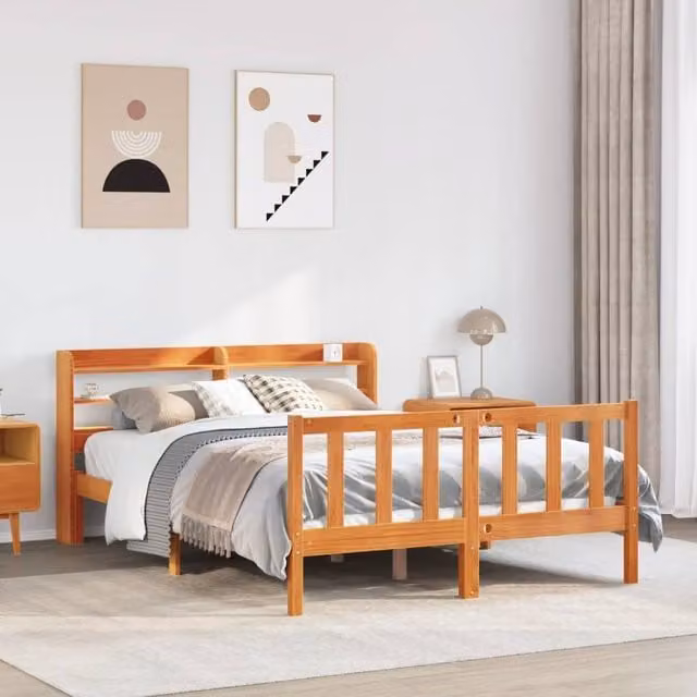 Berkfield Home King Size Bed Frame with Headboard and Side Compartments in Wax Brown Solid Pine Wood, W/D/H: 150 x 200 cm – 1