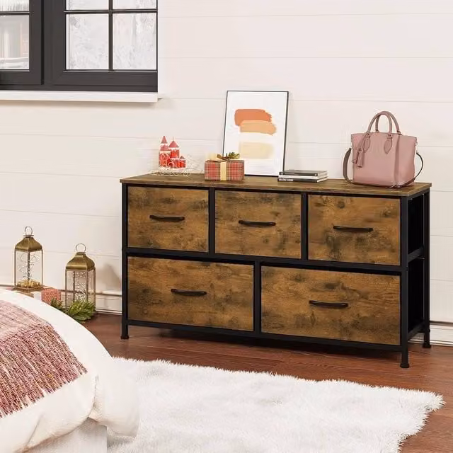 FORGEVIO Industrial Wide 5 Drawer Chest of Drawers with Metal Legs in Brown – 1