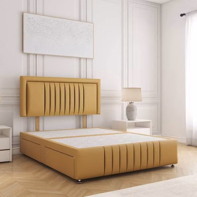 BSSPOKE Lily King Size Divan Bed with 24 inch Headboard and 2 Drawers in Mustard Yellow Plush Velvet, W/D/H: 180 x 200 cm