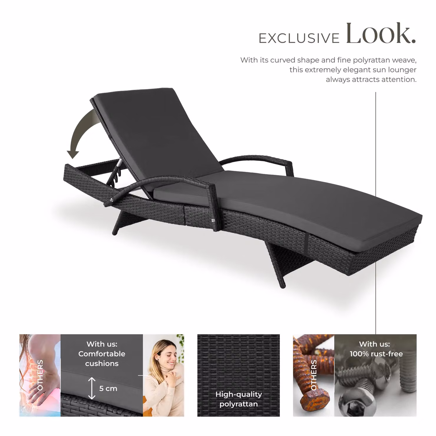 tectake Océane 1 Seater Aluminium Rattan Sun Lounger in Black and Grey with Adjustable Headrest – 3