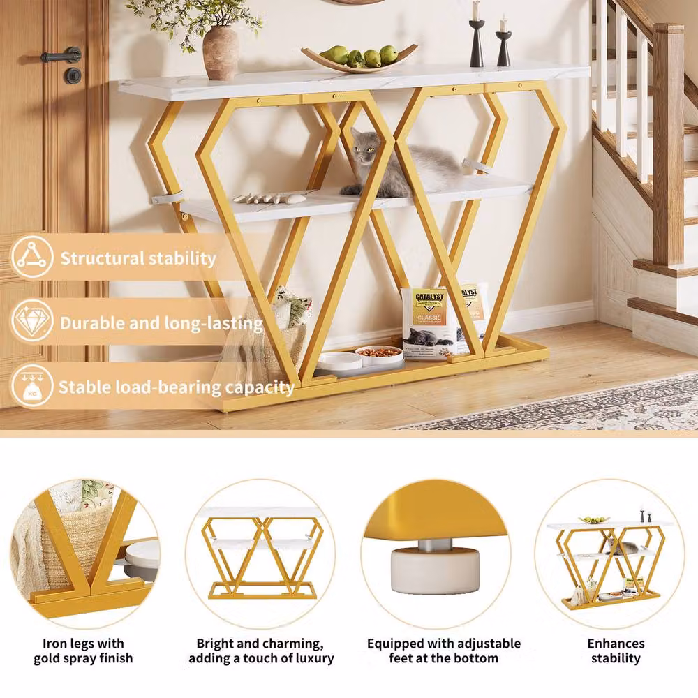 Rolipo Modern White Marble Effect Console Table with Gold Legs, W: 120 cm, D: 40 cm, H: 80 cm – 3