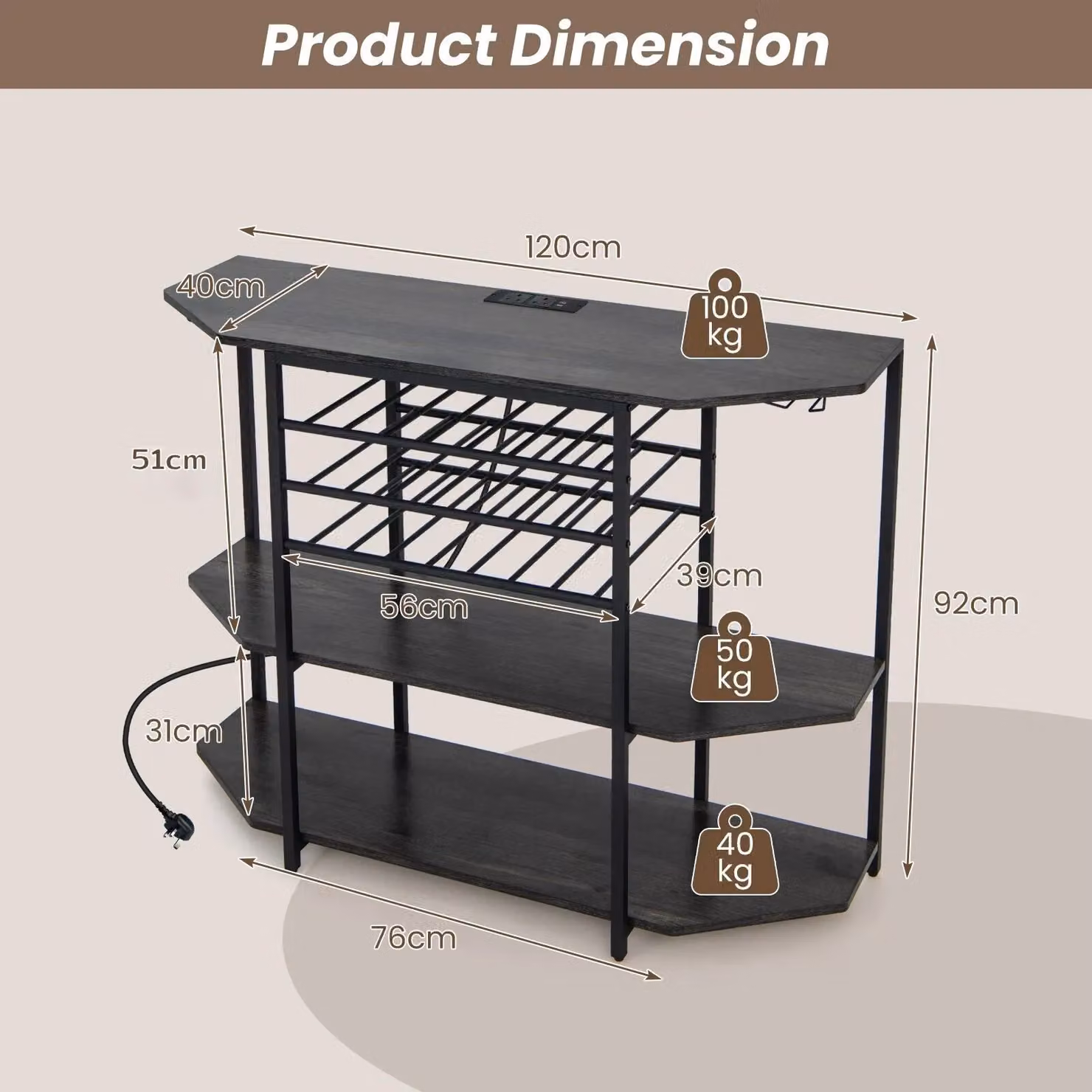 Costway 3 Tier Industrial Wine Bar Cabinet with Glass Holder in Grey – 2