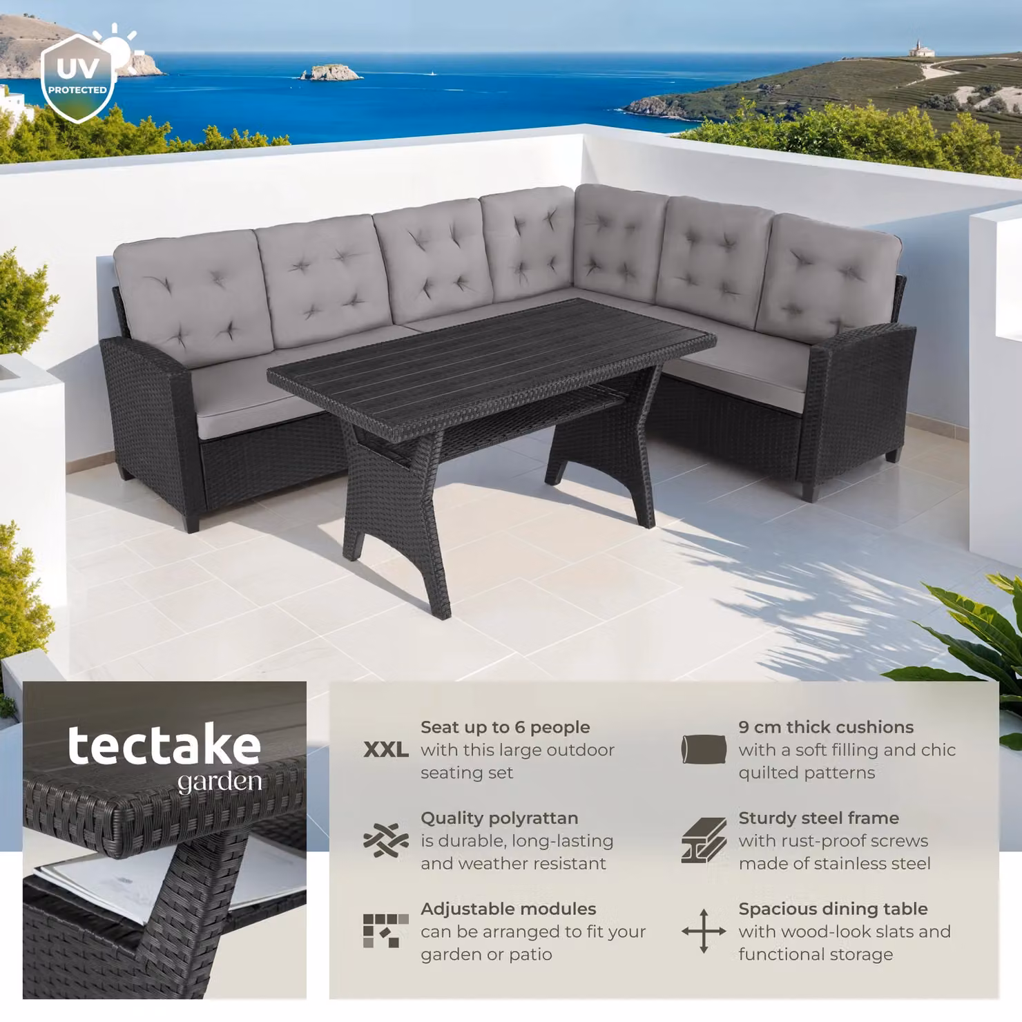 tectake Catania L-Shape Garden Furniture Set in Black and Grey Polyrattan with Upholstered Cushions – 2