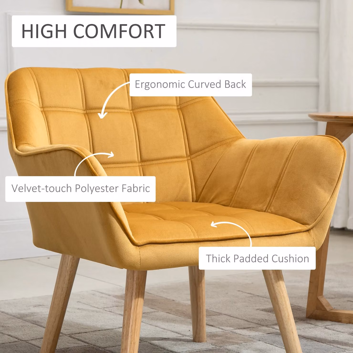 HOMCOM Set of 2 Modern Velvet Accent Armchairs with Metal Frame and Rubberwood Legs in Yellow – 3