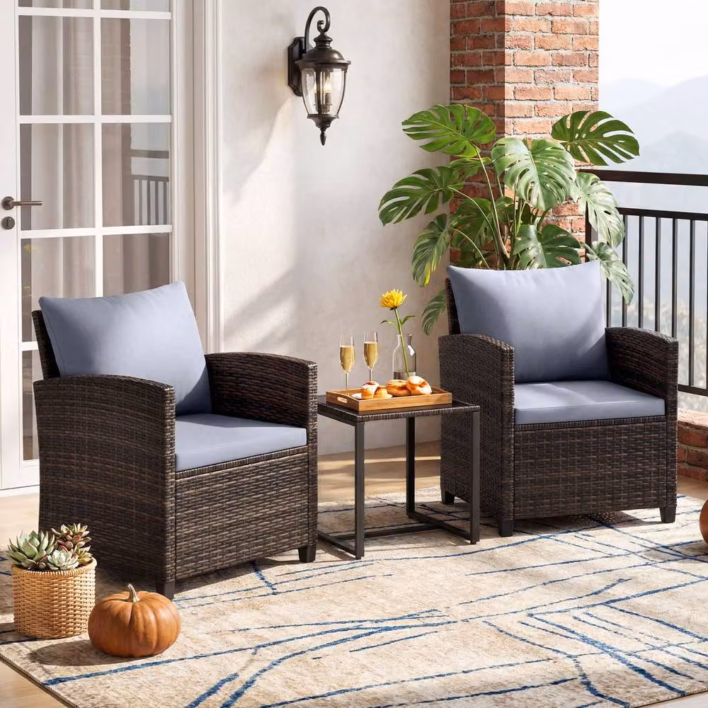 Costway 3-Piece Grey PE Rattan Outdoor Bistro Set with Upholstered Cushions and Coffee Table – 8