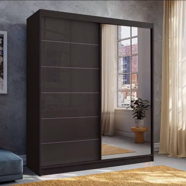 MN Furniture High Gloss Sliding Mirror Wardrobe with LED Lighting in Black, W: 180 cm, H: 200 cm