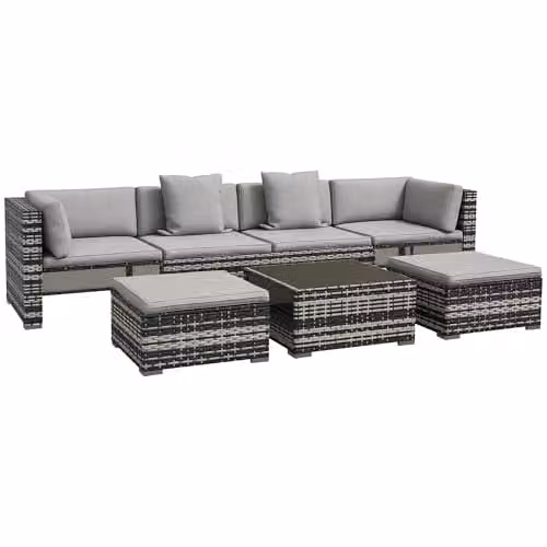 Outsunny 7 Piece Grey Rattan Garden Furniture Set with Upholstered Cushions, Ottoman and Coffee Table