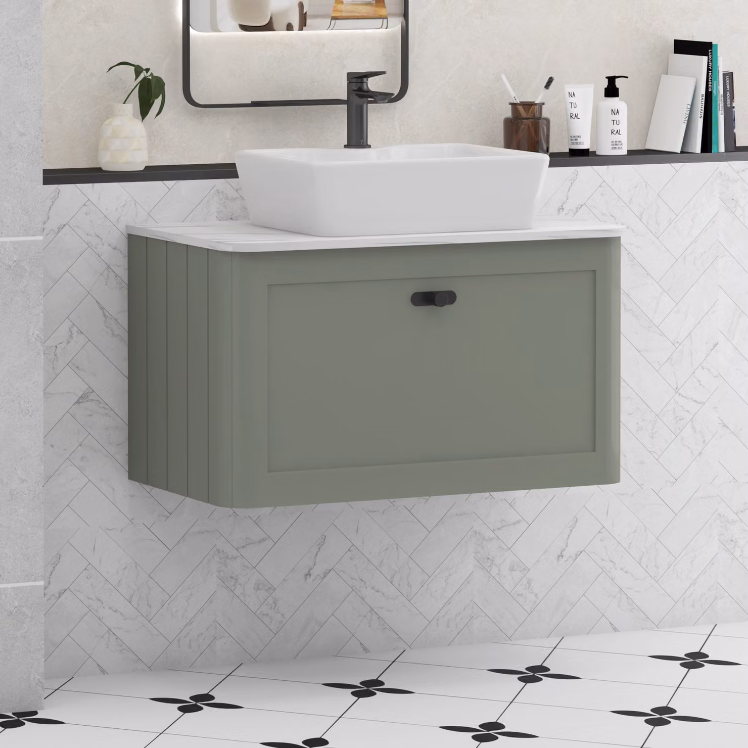 Royal Bathrooms Henley 800mm Sage Green Wall Hung Vanity Unit with 1 Drawer, Cube Basin and Matt Black Knob