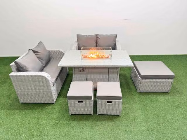 Fimous 7 Seater Rattan Garden Furniture Set with Firepit Dining Table and 3 Footstools in Light Grey