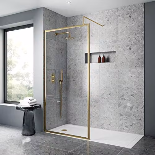 nuie WRFBB1810 Modern Walk-In Wetroom Screen with Support Arm, 8mm Toughened Safety Glass, W: 1000 mm, H: 1850 mm, Brushed Brass – 2