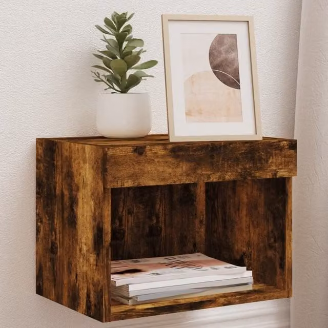 Berkfield Home Wall-mounted Bedside Cabinet with Integrated LED Lights in Smoked Oak Brown – 1
