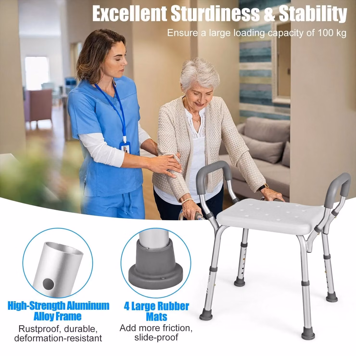 Costway Grey Shower Bench Bath Chair with Detachable Padded Arms and Non-Slip Drainage Seat – 3
