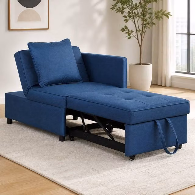 STILVORA 3-in-1 Blue Fabric Click-Clack Sofa Bed with Solid Wood Frame