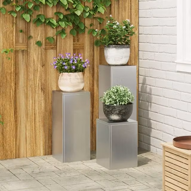 Berkfield Home Set of 3 Grey Galvanised Steel Outdoor Plant Stand Tubs