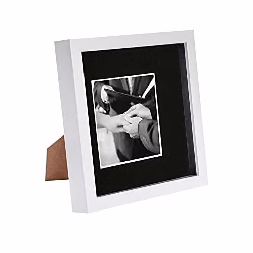 Nicola Spring Square 3D Shadow Box Photo Frame with Glass and Plastic Mount in White and Black – 1