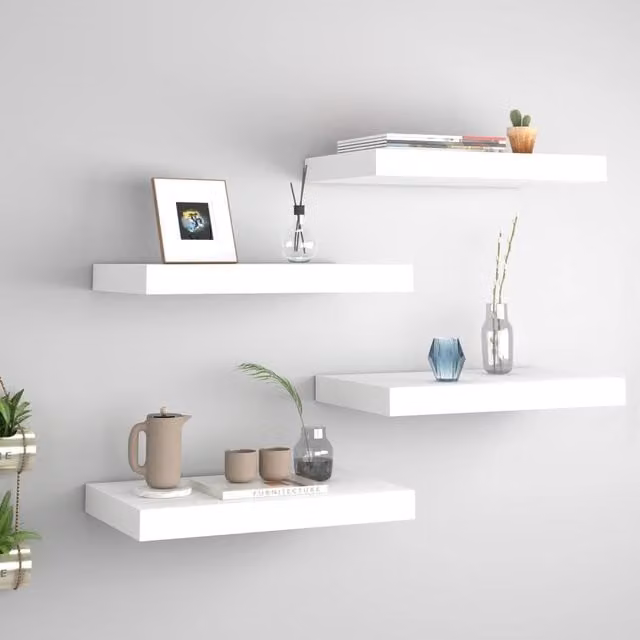 Berkfield Home Set of 4 White Floating Wall Shelves, MDF and Metal, W: 40 cm, D: 23 cm, H: 3.8 cm