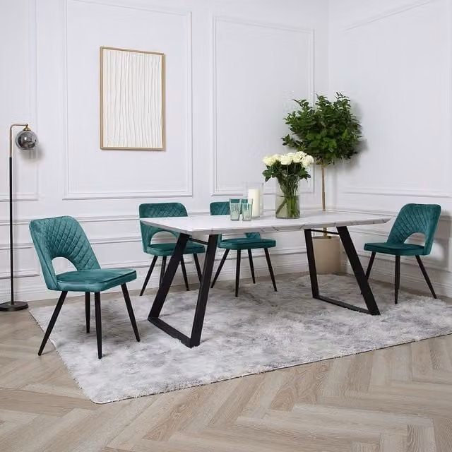 Home Garden Direct Venice Dining Set with Marble-Effect Rectangular Table and 4 Green Chairs