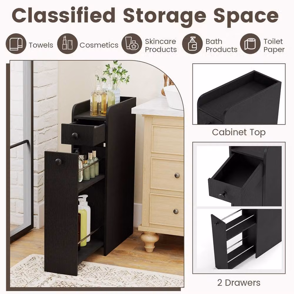 Costway Narrow Freestanding Bathroom Storage Floor Cabinet with Slide-Out Drawer and Hinged Doors in Black – 6